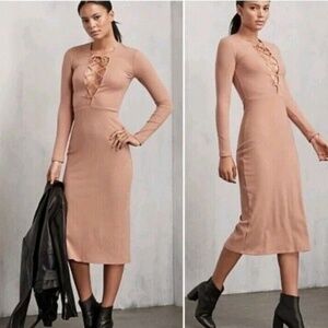 REFORMATION | Edison Blush Tan Stretch Ribbed Lace-up Long Sleeve Midi | Size M